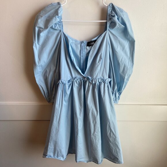 Cider Light Blue Deep V Mutton Sleeve Dress - Picture 3 of 6